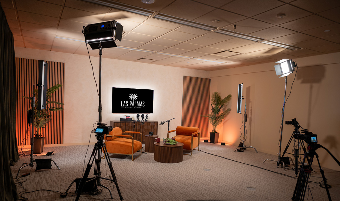 Las Palmas Podcast Studio — wide view with full lighting setup